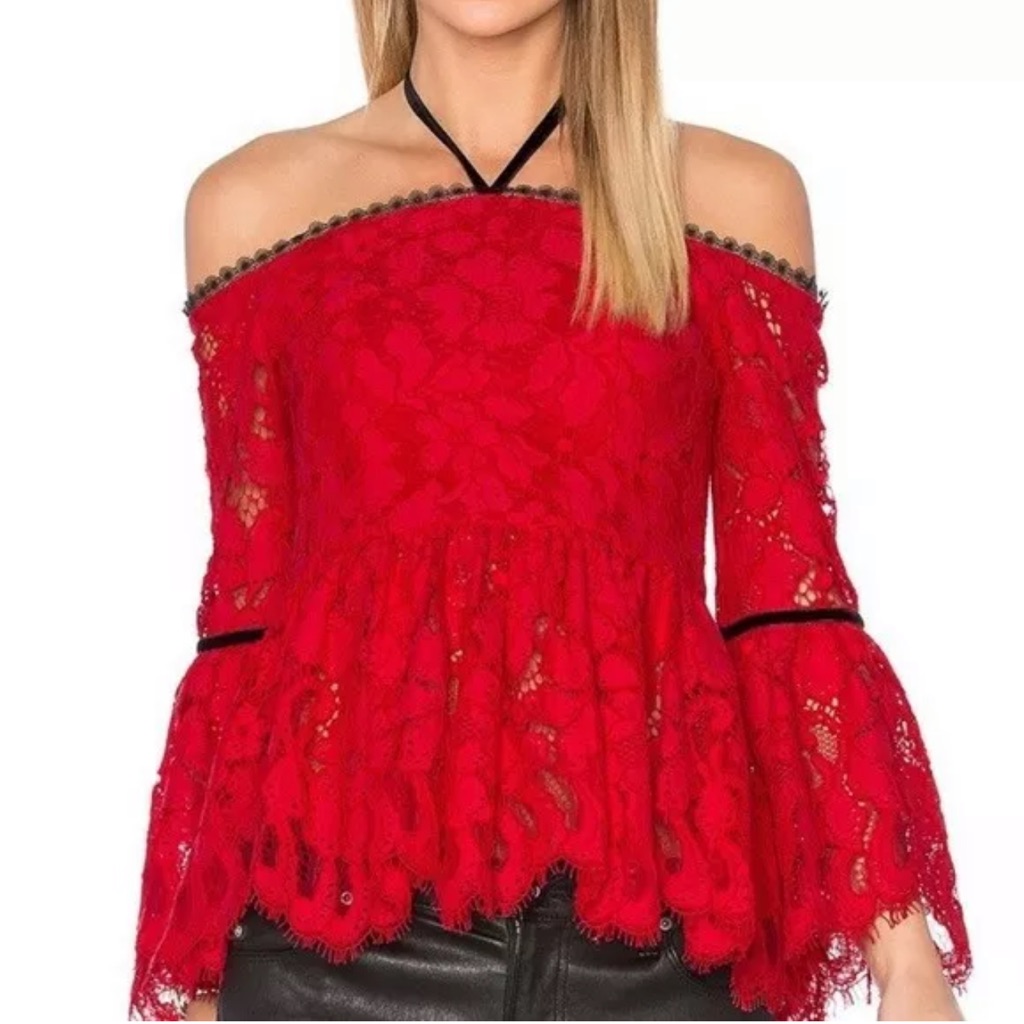 Alexis Grace Blouse Red Lace Black Trim Sexy Bell Sleeve Halter Off Shoulder